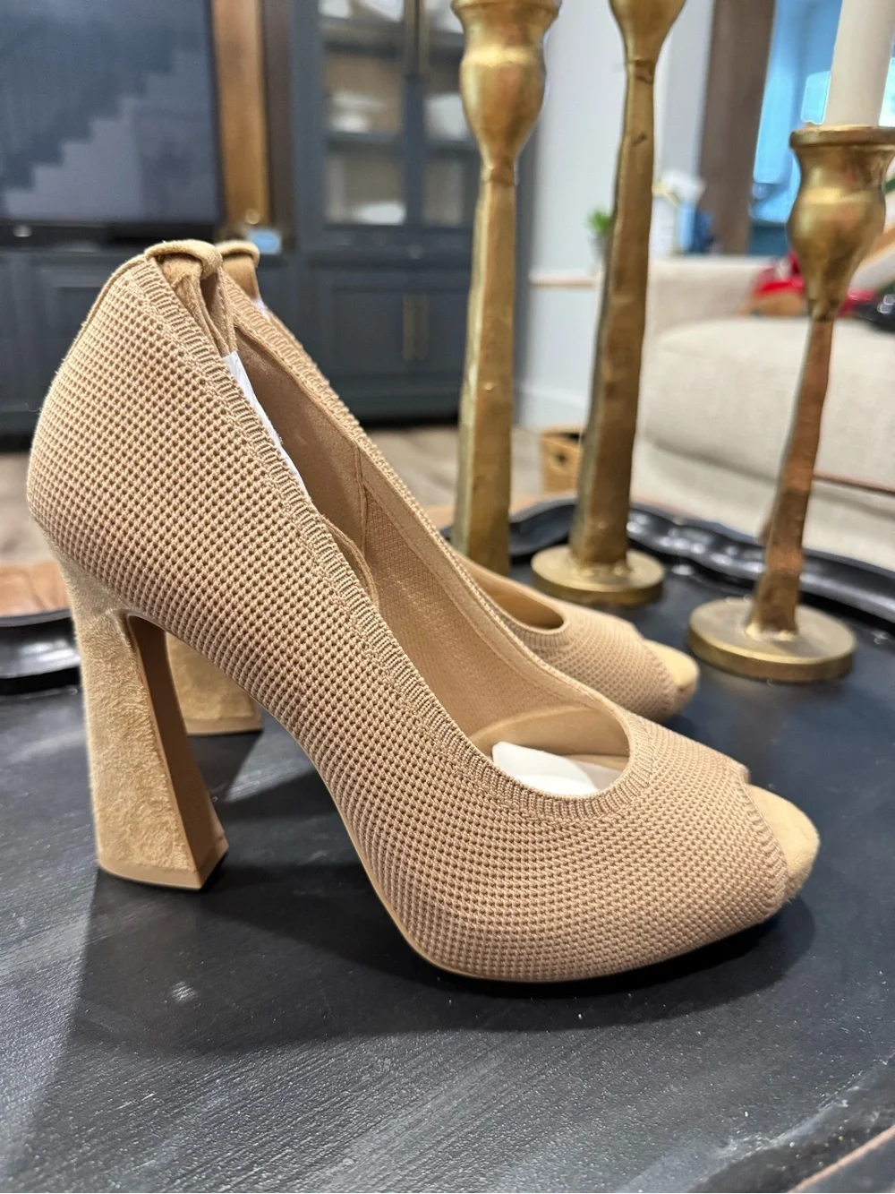 NEW Cosy Island Beige Knit Peep-Toe Ankle-Strap Heels Size 6.5